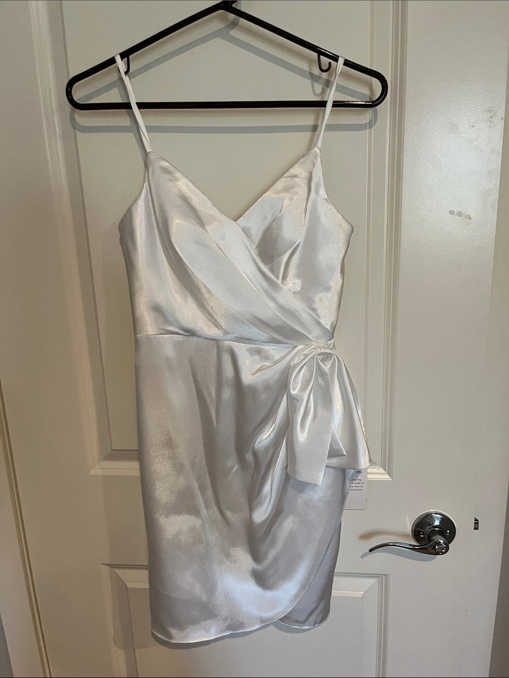 David's Bridal White Satin Wrap Mini Dress with Side Bow